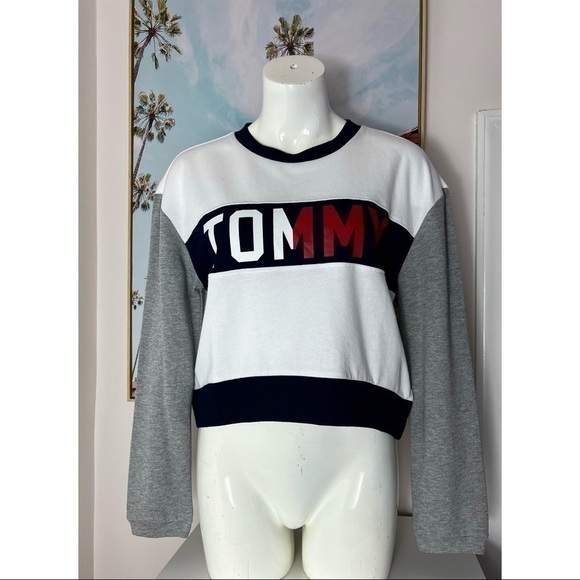 Tommy Hilfiger White Blue Grey Colorblock Long Sleeve Crew Shirt Size Medium - Picture 1 of 6